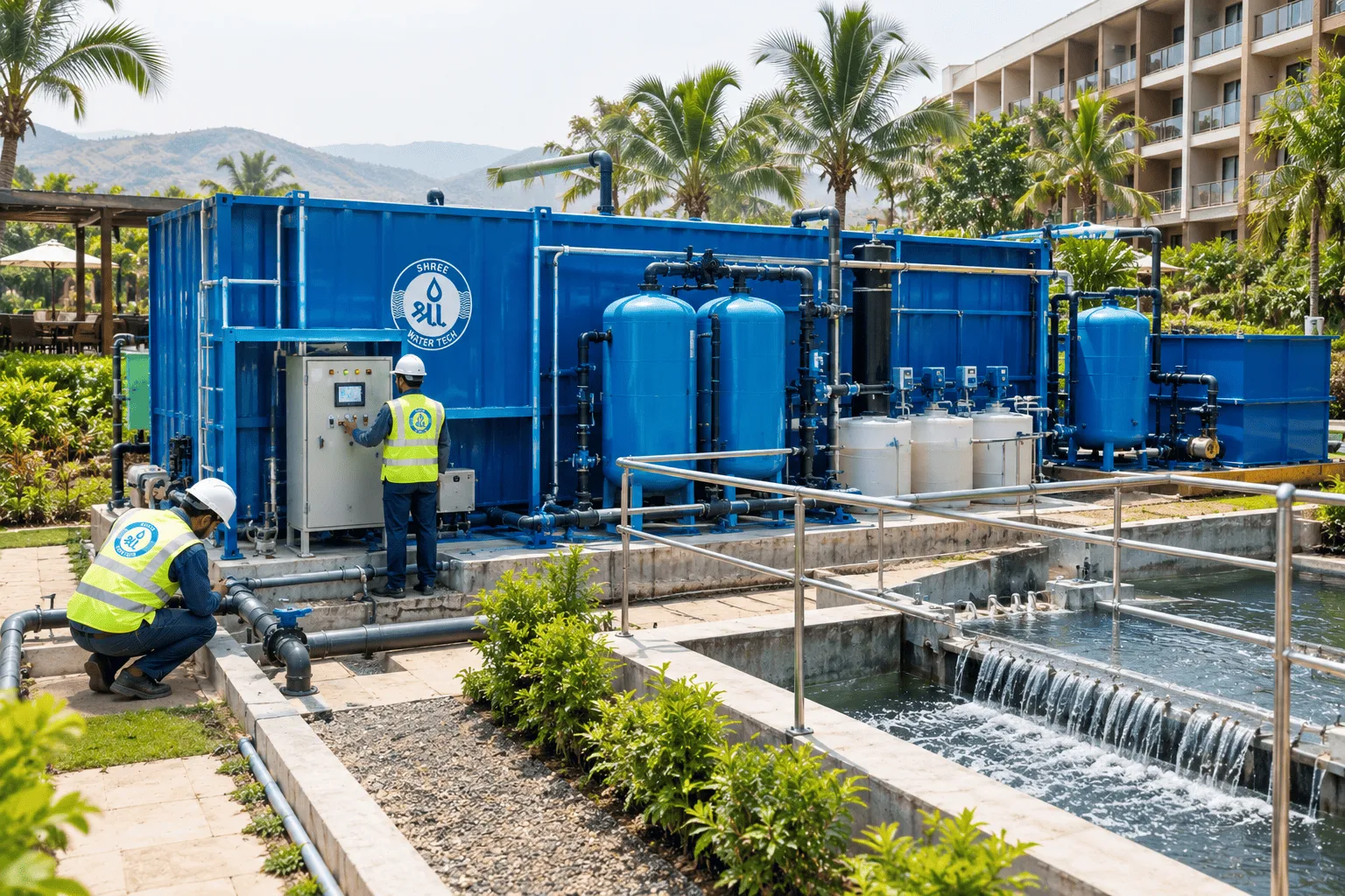 100 KLD packaged MBBR sewage treatment plant at a hotel and resort in Pune, built by Shree Water Tech