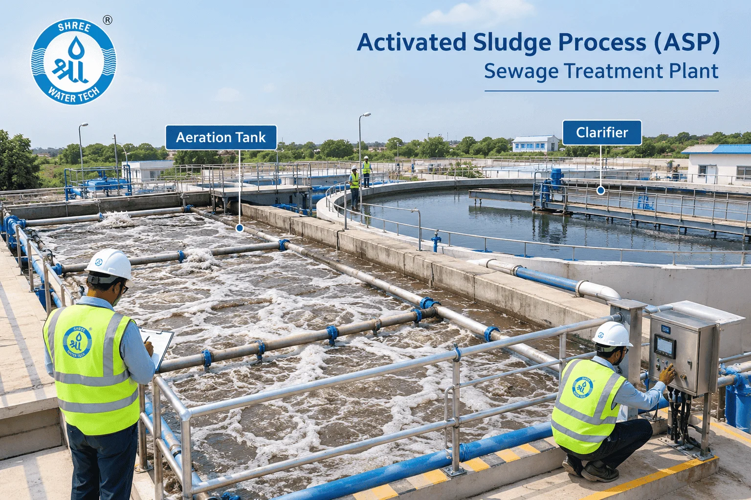 Activated Sludge Process ASP Sewage Treatment Plant aeration tank and clarifier
