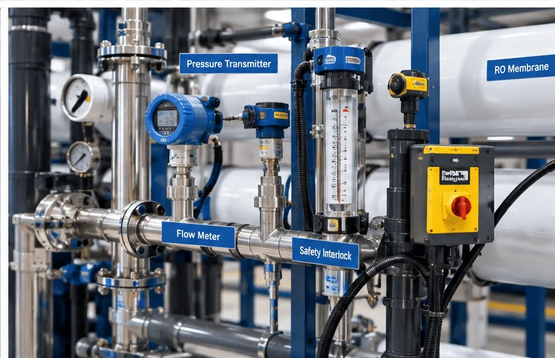 Automatic RO plant with sensors and safety interlocks