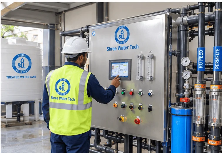 Commercial RO plant installation with flow and pressure monitoring