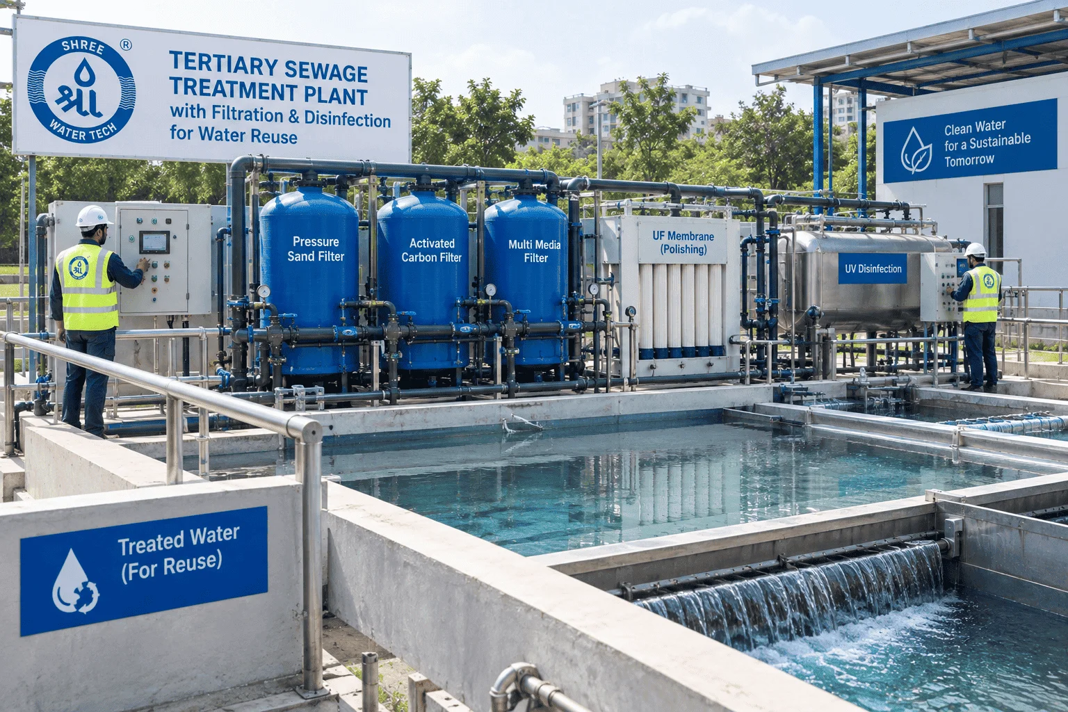 Tertiary Sewage Treatment Plant with filtration and disinfection for water reuse